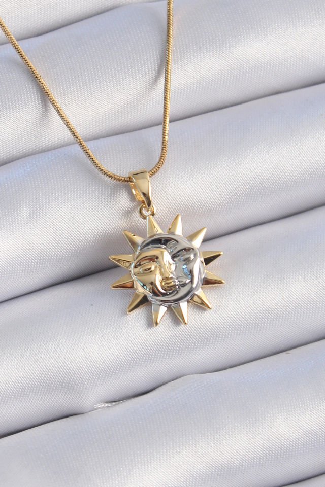 Kadın Mix Renk Güneş ve Ay Kolye – Vintage 316L Çelik Tasarım