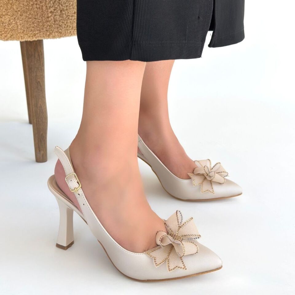 Mewi Bej Saten Topuklu Ayakkabı