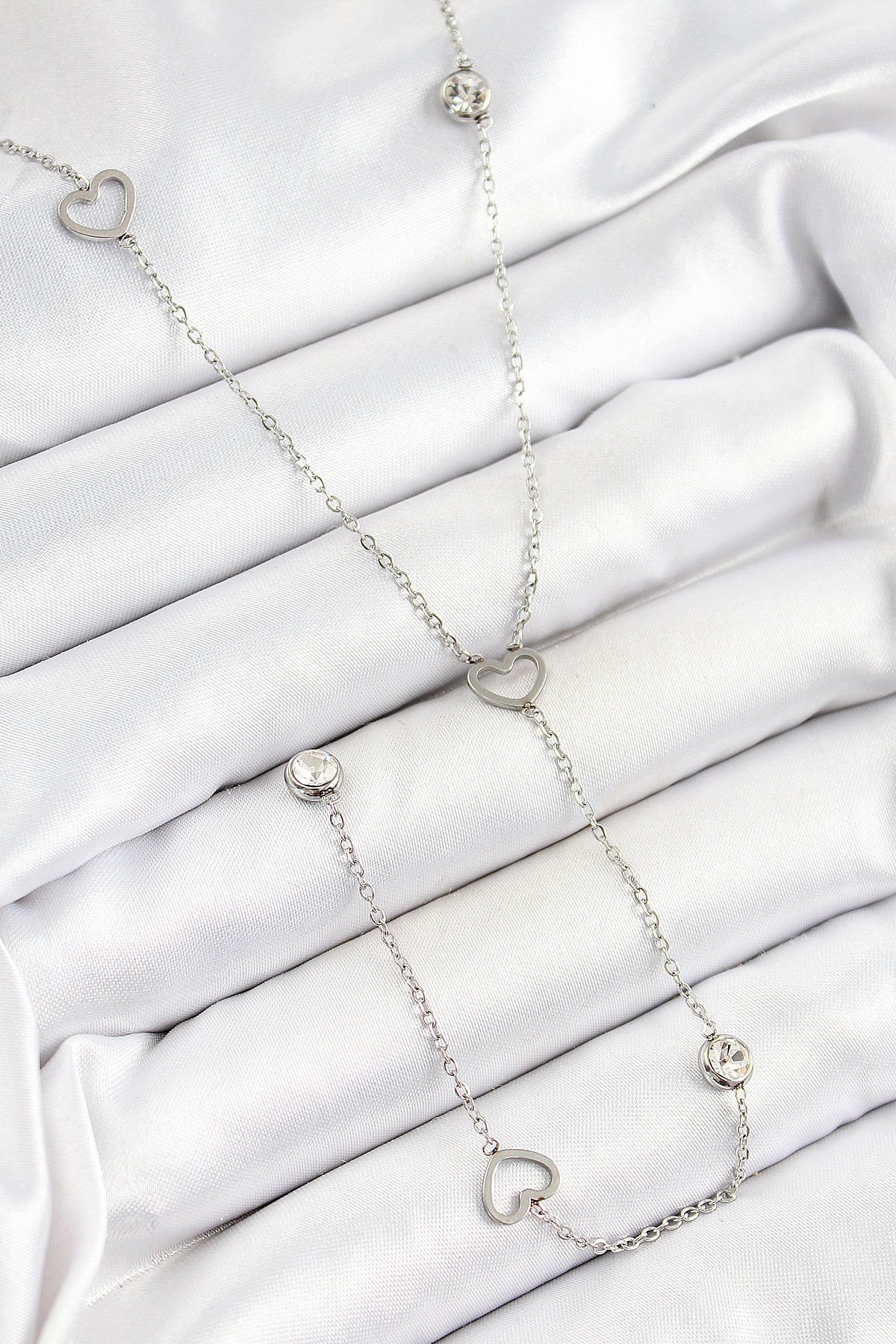 316L Çelik Zirkon Taşlı Kalp Figürlü Y Model Gümüş Renk Kadın Kolye