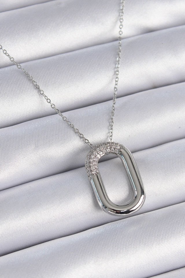 Kadın Gümüş Oval Halka Kolye – Zirkon Taşlı 316L Çelik Zincir