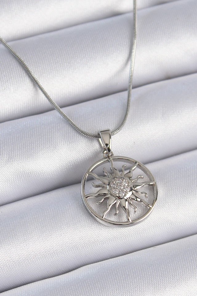 Kadın Gümüş Güneş Kolye – Zirkon Taşlı 316L Çelik Zincir