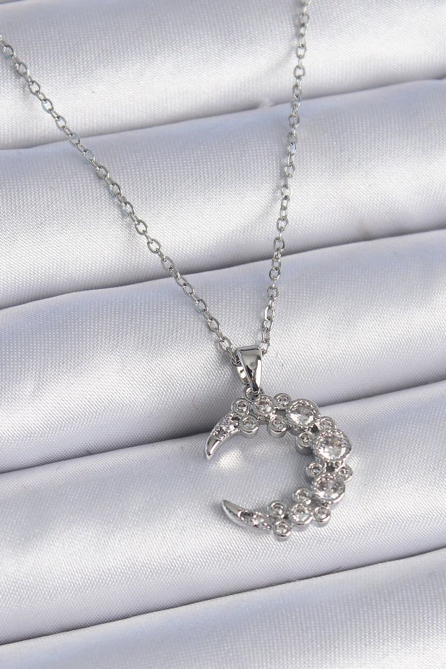 Kadın Gümüş Hilal Kolye – Zirkon Taşlı 316L Çelik Zincir