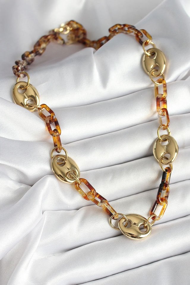 Leopar Desenli Mika Gold Renk Zincir Kadın Kolye