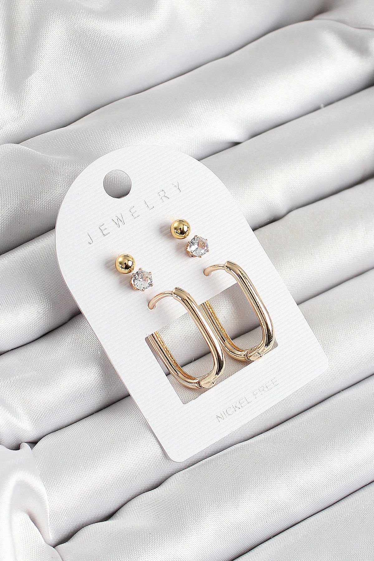 Pirinç Zirkon Taş Ve Dikdörtgen Figürlü Gold Renk 3'lü Çift Kadın Küpe Set