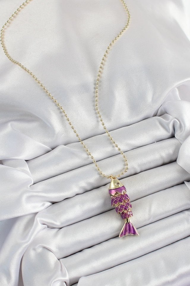 Pirinç Mor Balık Model Zirkon Taşlı Gold Renk Kadın Kolye