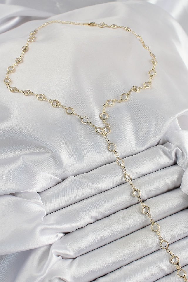 Pirinç Şeffaf Model Gold Renk Zirkon Taşlı Y Kolye