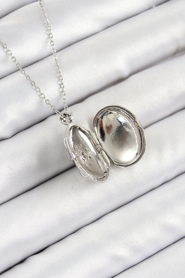 316L Çelik Zincir Açılabilir Madalyon Model Zirkon Taşlı Gümüş Renk Kadın Kolye