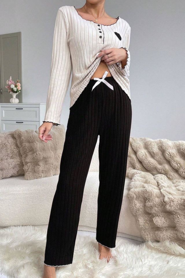 Bella Notte Siyah Pamuklu Kalp Detaylı Pijama Takımı 7157