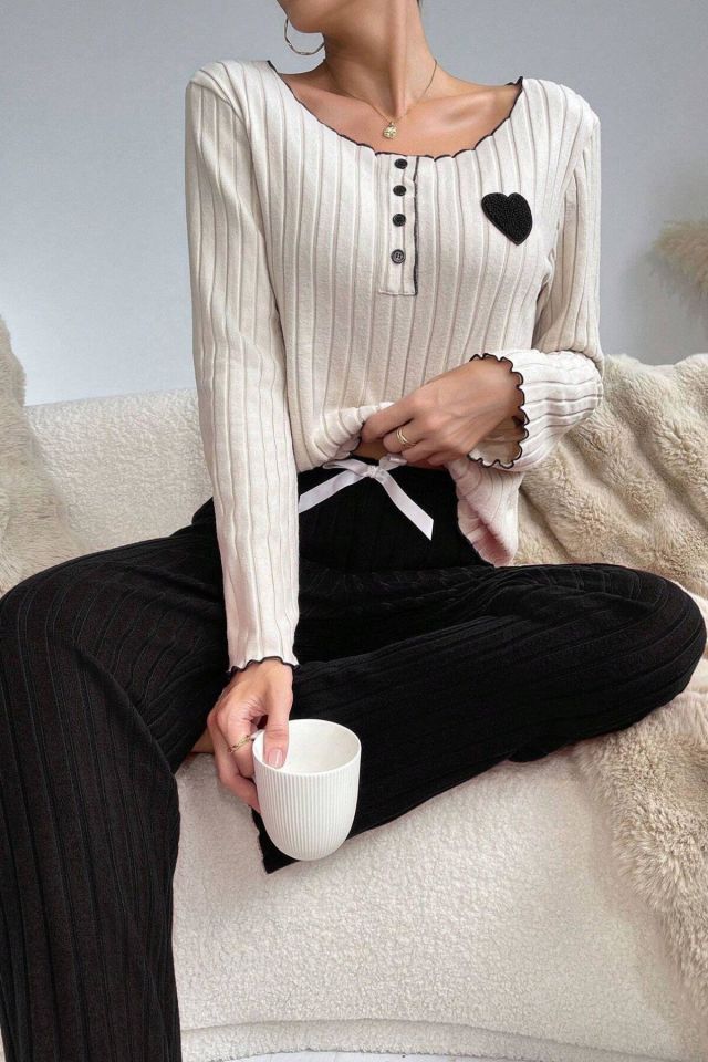 Bella Notte Siyah Pamuklu Kalp Detaylı Pijama Takımı 7157