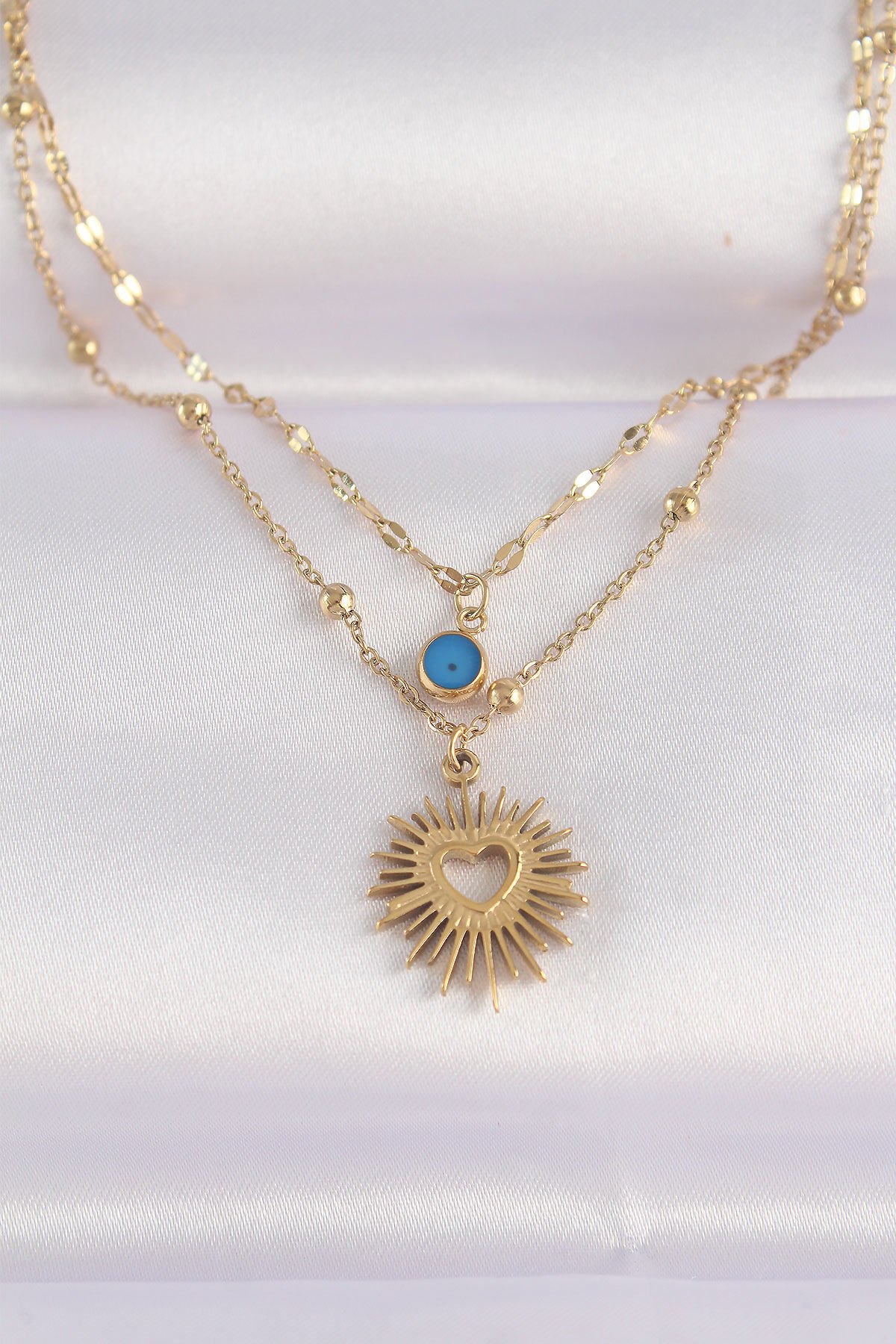 Kadın Altın Nazar Boncuklu Kolye – Kalp ve Güneş Detaylı 316L Çelik Zincir