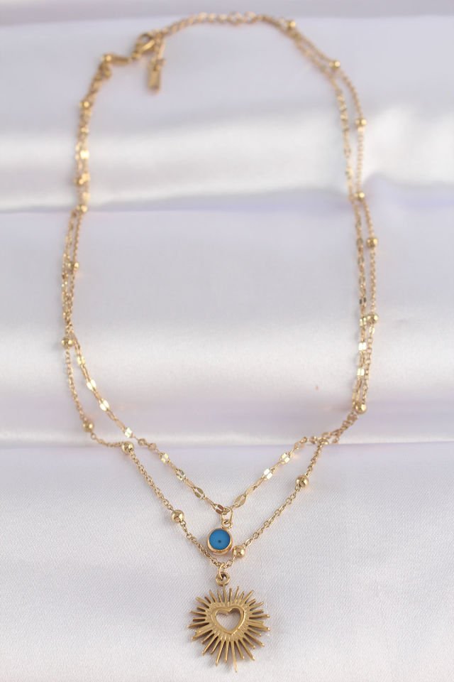 Kadın Altın Nazar Boncuklu Kolye – Kalp ve Güneş Detaylı 316L Çelik Zincir