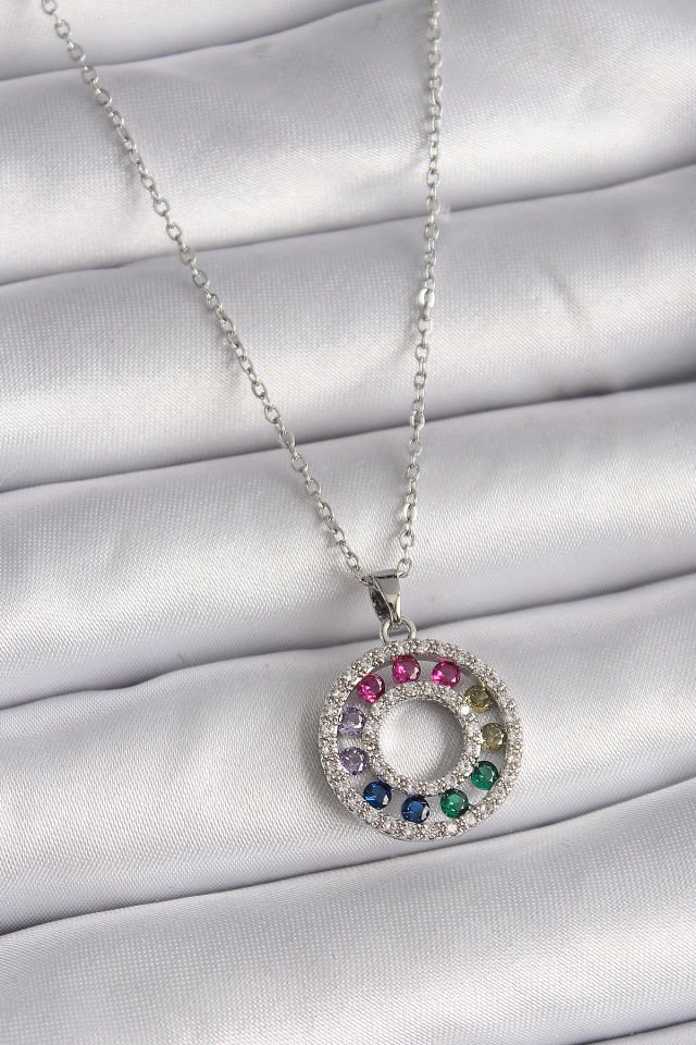 Gümüş Renkli Zirkon Madalyon  Kolye - 316L Çelik