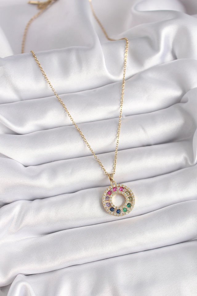 Gold  Renkli Zirkon Madalyon  Kolye - 316L Çelik