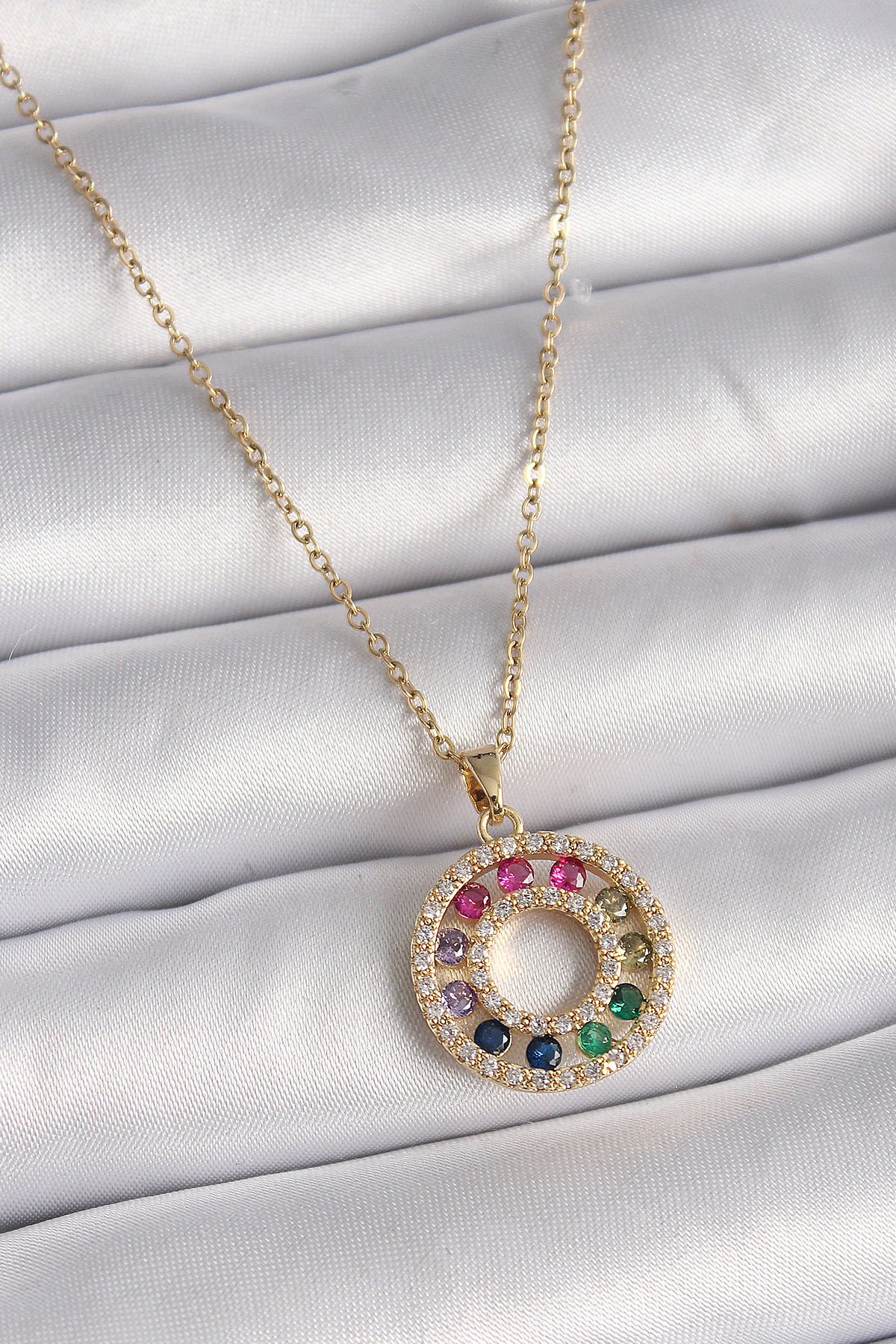 Gold  Renkli Zirkon Madalyon  Kolye - 316L Çelik