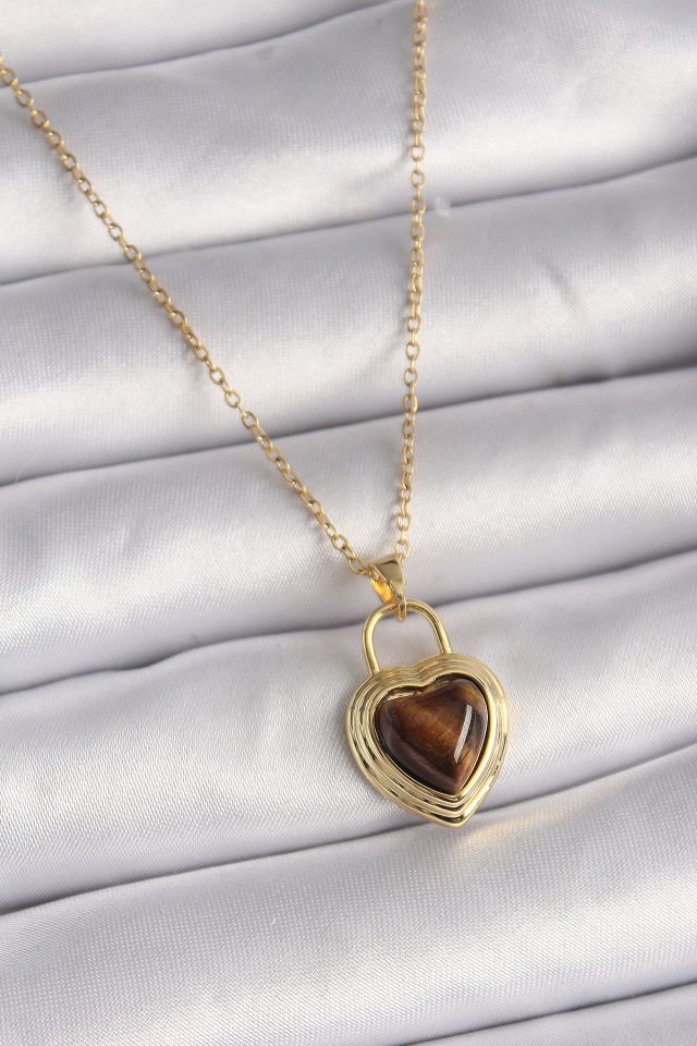 Gold Kilit Kalp Kehribar Kolye - 316L Çelik