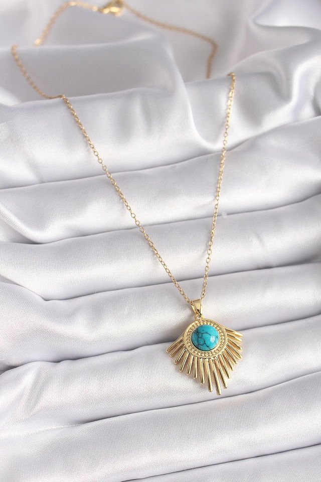 Gold  Mavi Boncuk Güneş Kolye - 316L Çelik