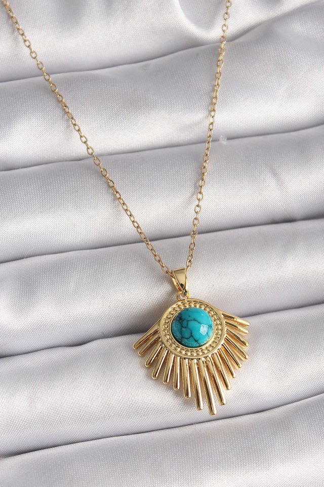 Gold  Mavi Boncuk Güneş Kolye - 316L Çelik