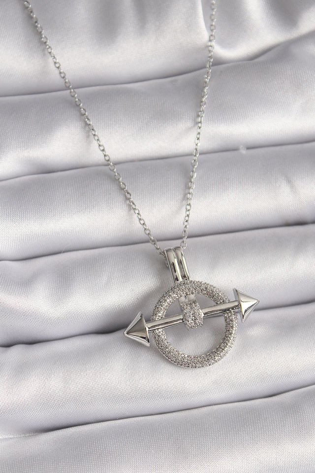 Gümüş Zirkon Taşlı Halka Kolye - 316L Çelik