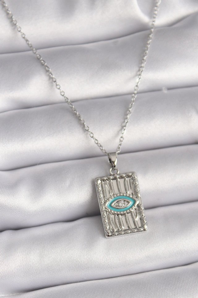 Gümüş Zincir Göz İşlemeli Madalyon Kolye - 316L Çelik