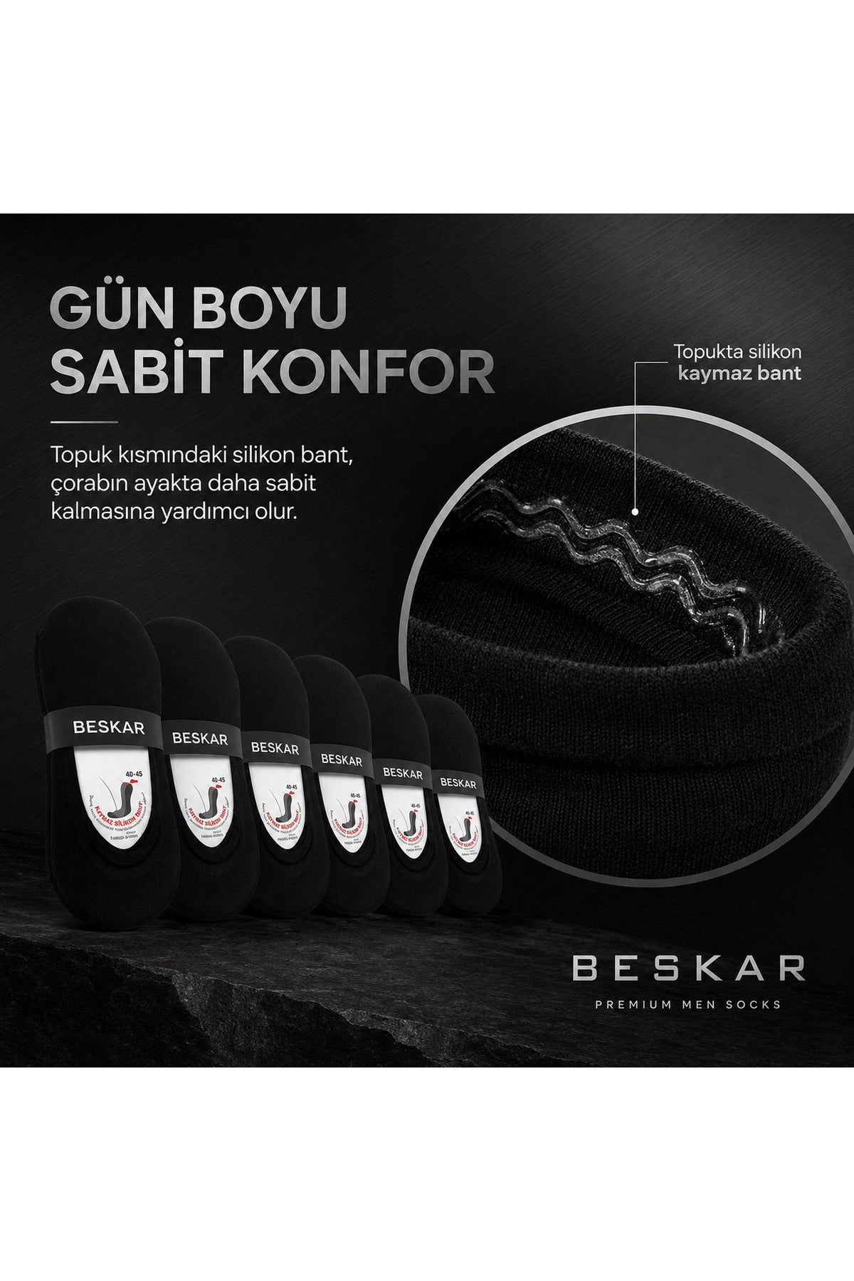 BESKAR Erkek Siyah Silikon Bantlı Bilek Altı Çorap 6 Çift — görsel 4