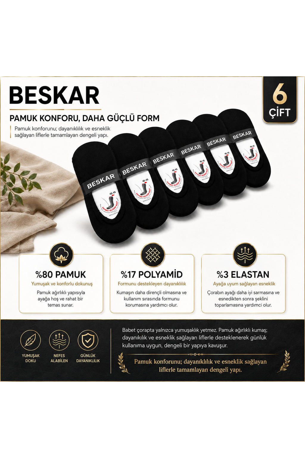 BESKAR Erkek Siyah Silikon Bantlı Bilek Altı Çorap 6 Çift — görsel 3
