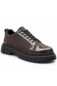 BESKAR BA0245 Esnek Bağcıklı Yüksek Tabanlı Erkek Sneaker — Kahverengi Rugan