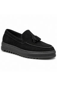BESKAR BA0154 Püsküllü Yüksek Tabanlı Erkek Loafer Ayakkabı — Kömür Süet