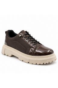 BESKAR BA0245 Esnek Bağcıklı Yüksek Tabanlı Erkek Sneaker — Kahverengi Rugan – Bej Taban
