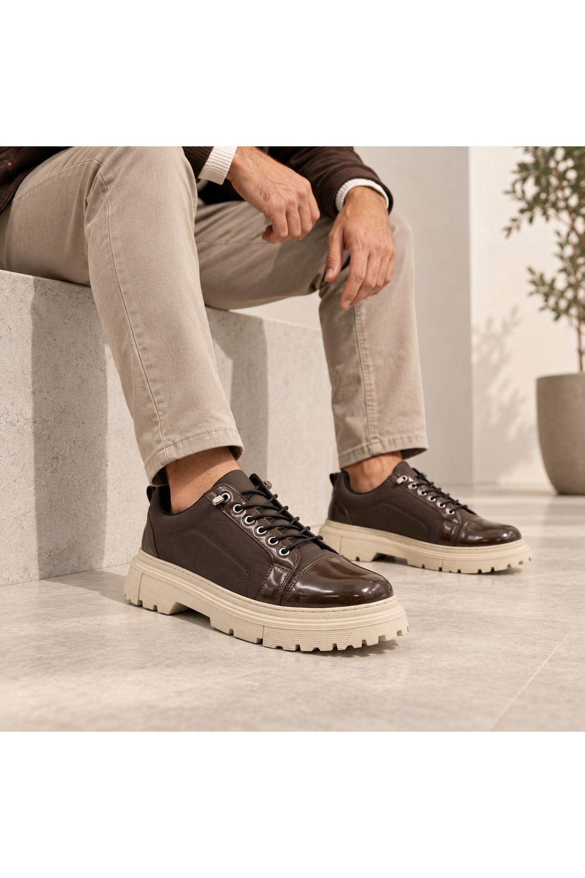 BESKAR BA0245 Kahverengi Rugan Bej Taban Esnek Bağcıklı Yüksek Tabanlı Erkek Sneaker — görsel 2