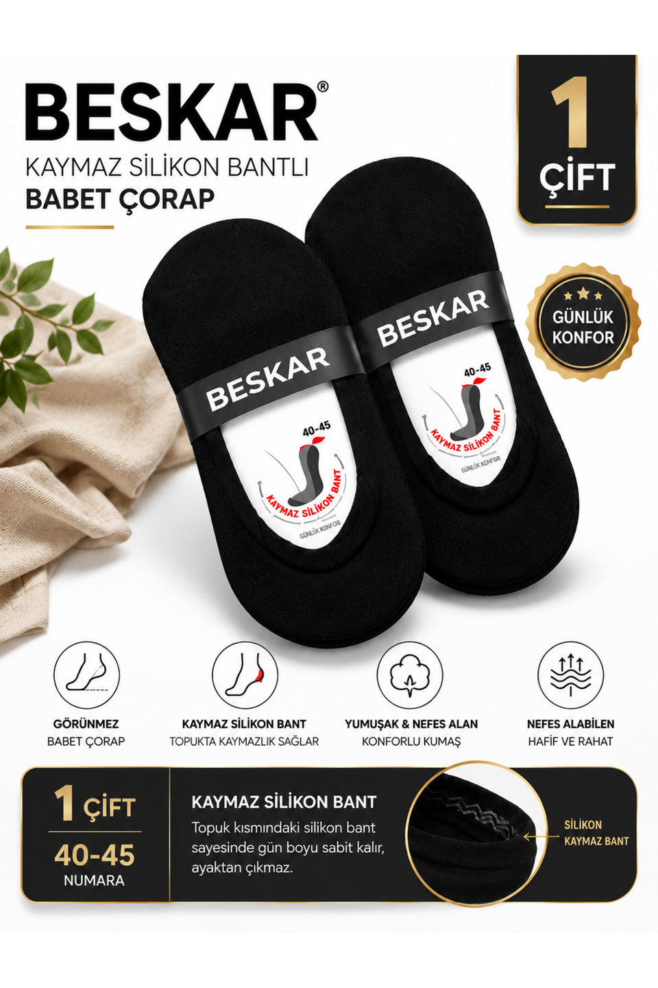 BESKAR Erkek Siyah Silikon Bantlı Babet Çorap 1 Çift