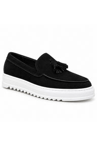BESKAR BA0154 Püsküllü Yüksek Tabanlı Erkek Loafer Ayakkabı — Siyah Süet – Beyaz Taban