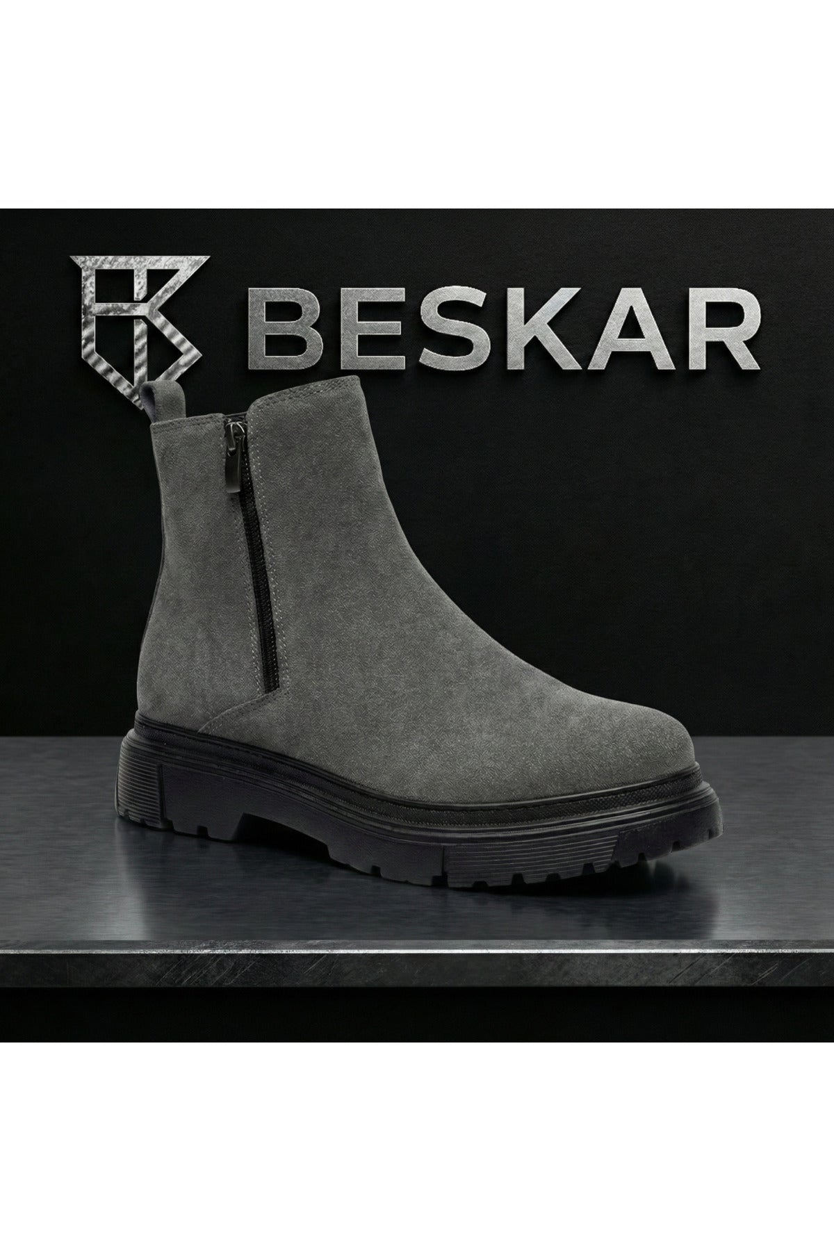 BESKAR BA0777 Füme Süet Görünümlü Çift Fermuarlı Erkek Yarım Bilek Bot — görsel 7