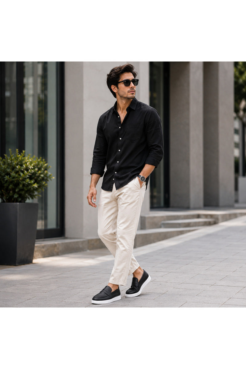 BESKAR BA0580 Siyah Cilt Beyaz Taban Kuşaklı Kalın Tabanlı Erkek Loafer Ayakkabı
