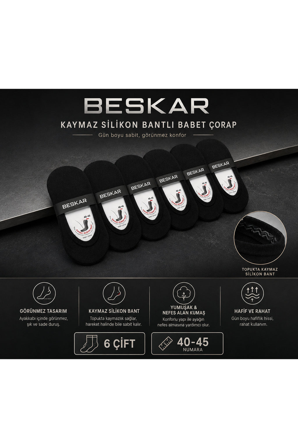 BESKAR Erkek Siyah Silikon Bantlı Bilek Altı Çorap 6 Çift — görsel 7