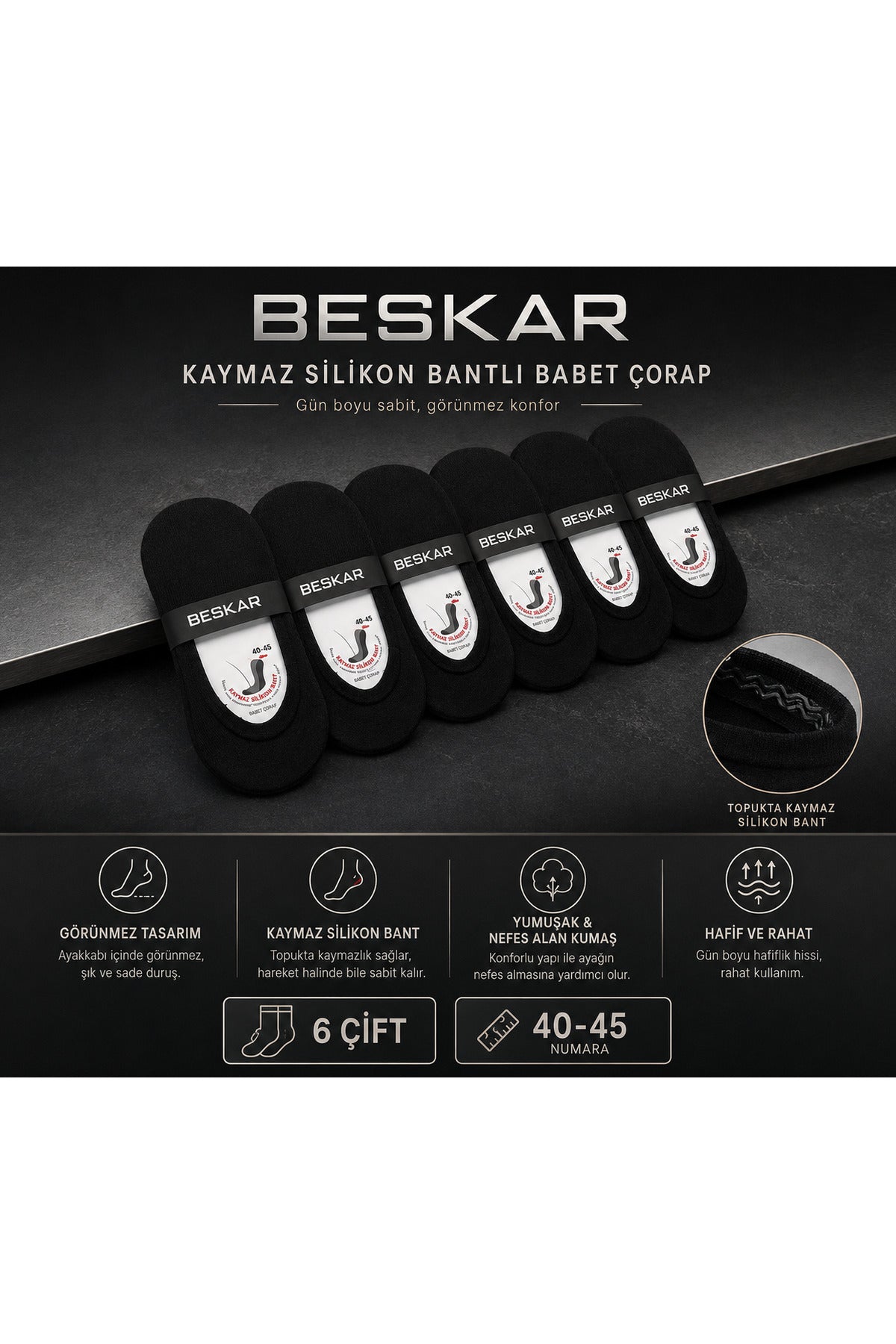 BESKAR Erkek Siyah Silikon Bantlı Bilek Altı Çorap 6 Çift — görsel 7