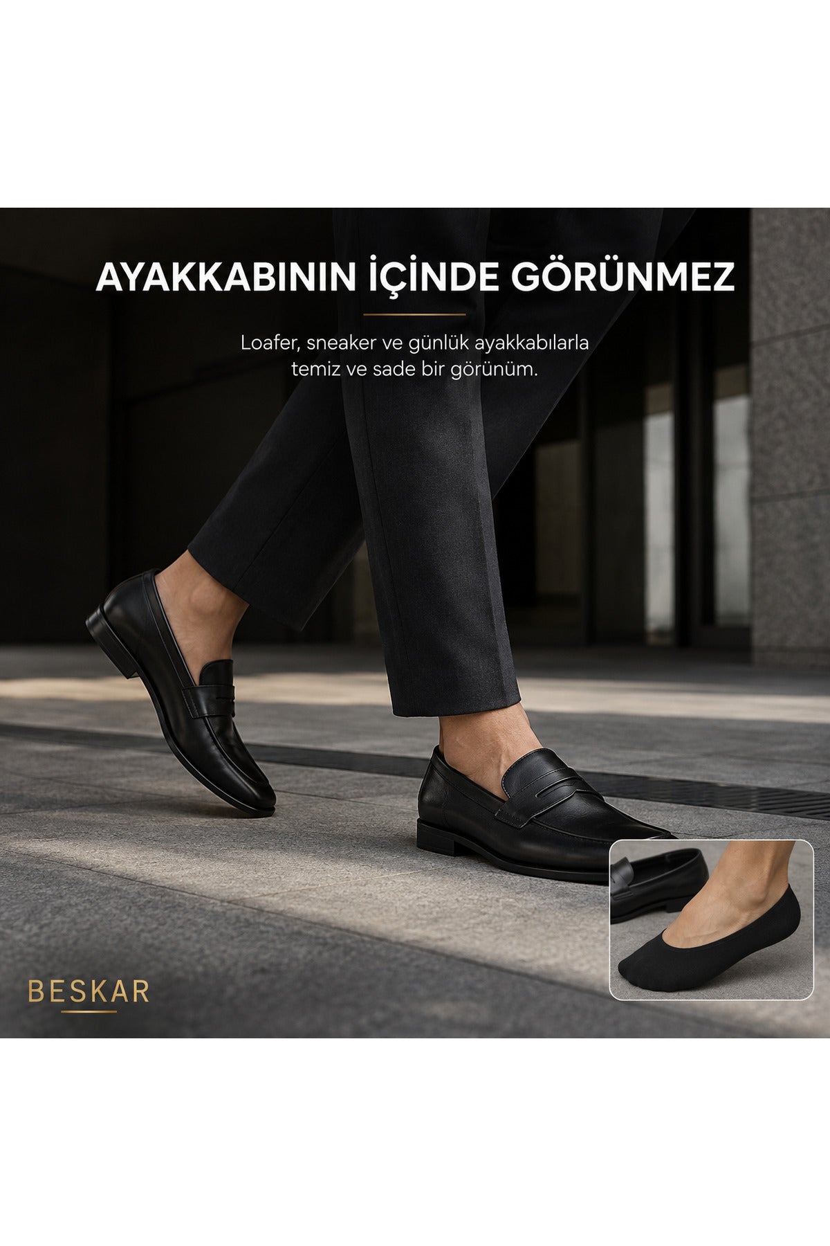 BESKAR Erkek Siyah Silikon Bantlı Bilek Altı Çorap 6 Çift — görsel 2