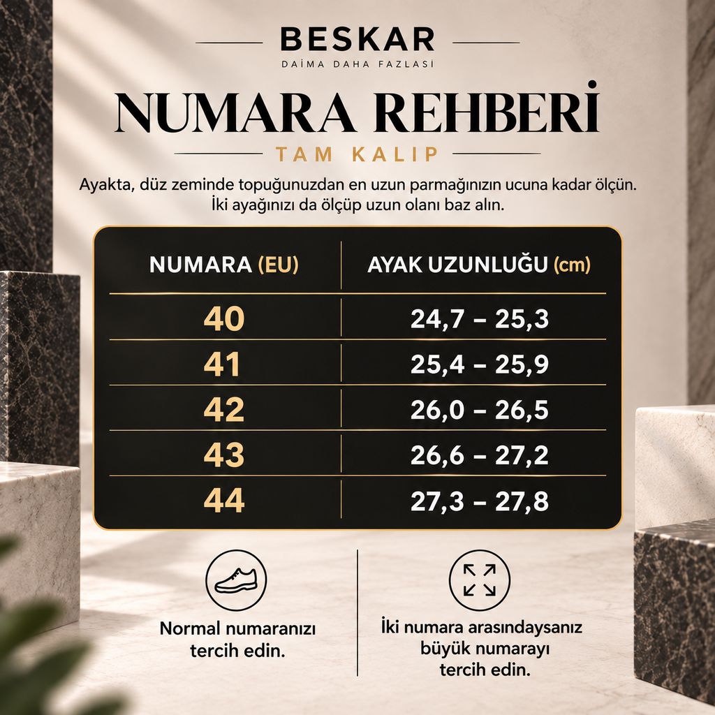 BESKAR numara rehberi: EU 40–44 için ayak uzunluğu aralıkları ve numara seçimi