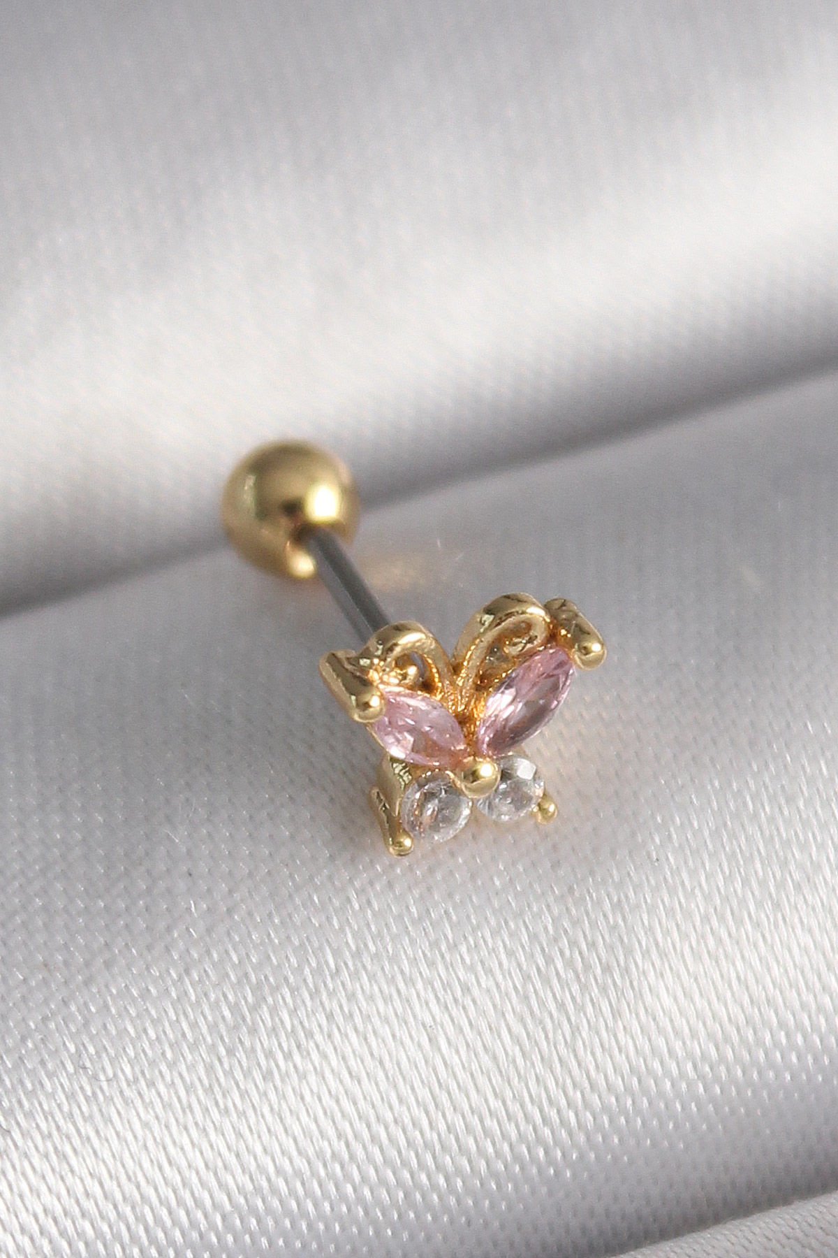 Gold Pembe Zirkon Taşlı Kelebek Tragus Piercing - 316L Çelik