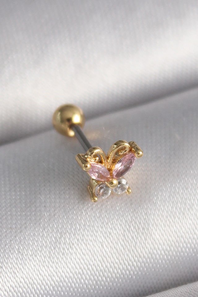 Gold Pembe Zirkon Taşlı Kelebek Tragus Piercing - 316L Çelik