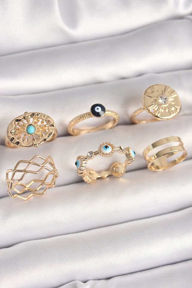 Pirinç Gold Renk Mavi Taşlı Zirkon Taş Detaylı Dalga Model Kadın Yüzük Kombini