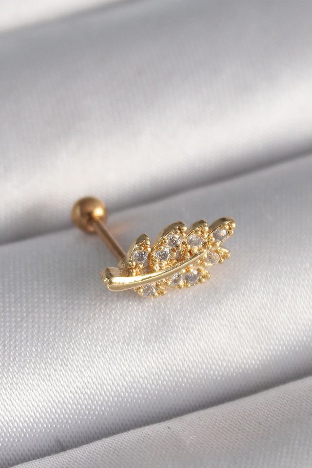 Gold Zirkon Taşlı Dal Tragus Piercing - 316L Çelik