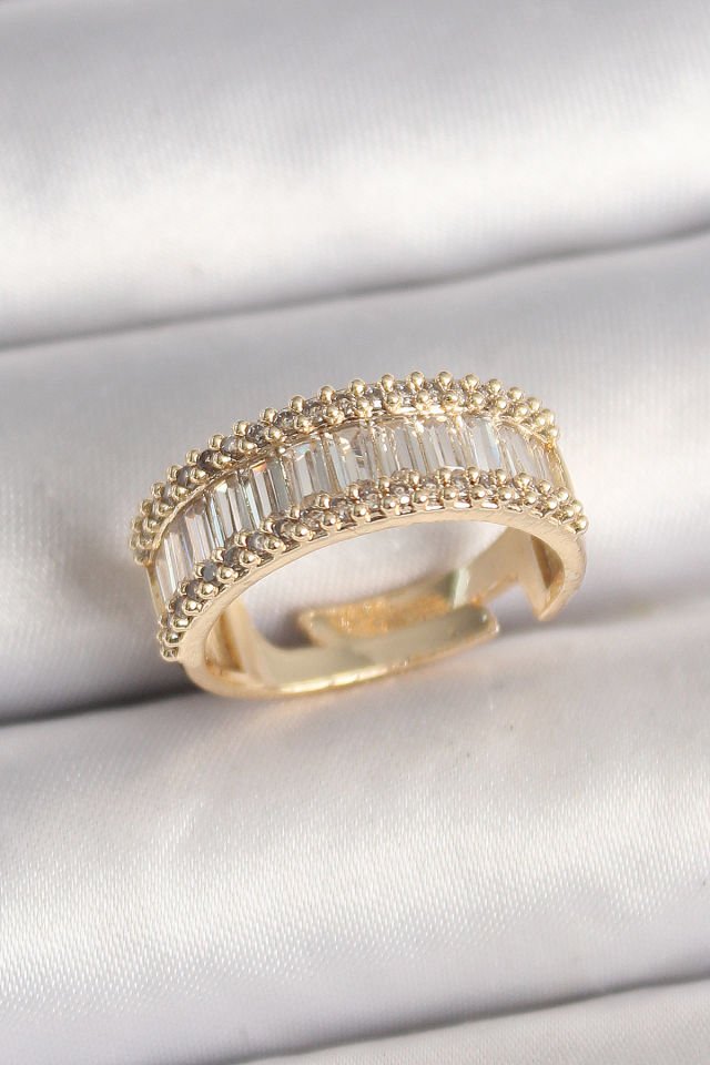 Pirinç Gold Renk Su Yolu Zirkon Taşlı Ayarlanabilir Model Kadın Yüzük