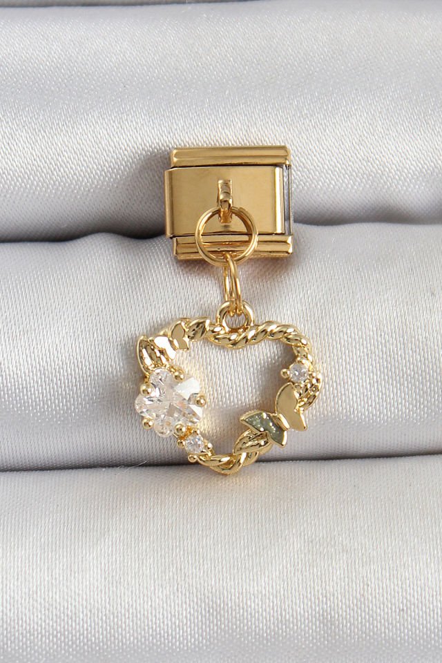 316L Çelik Sallantılı Zirkon Taşlı Kalp Model Gold Renk Nomination Charm