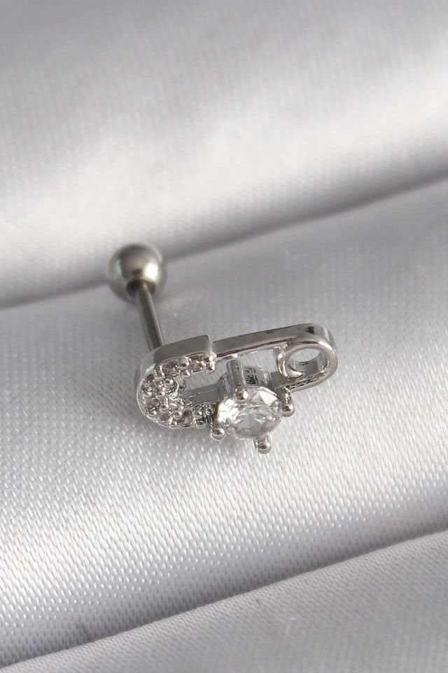 316L Çelik Gümüş  Zirkon Taşlı Toplu İğne Tragus Piercing