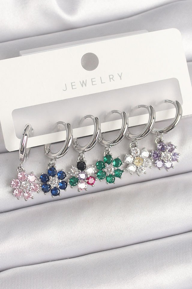 Pirinç Gümüş Renk Sallantı Renkli Zirkon Taşlı Çiçek Model Kadın Küpe Seti