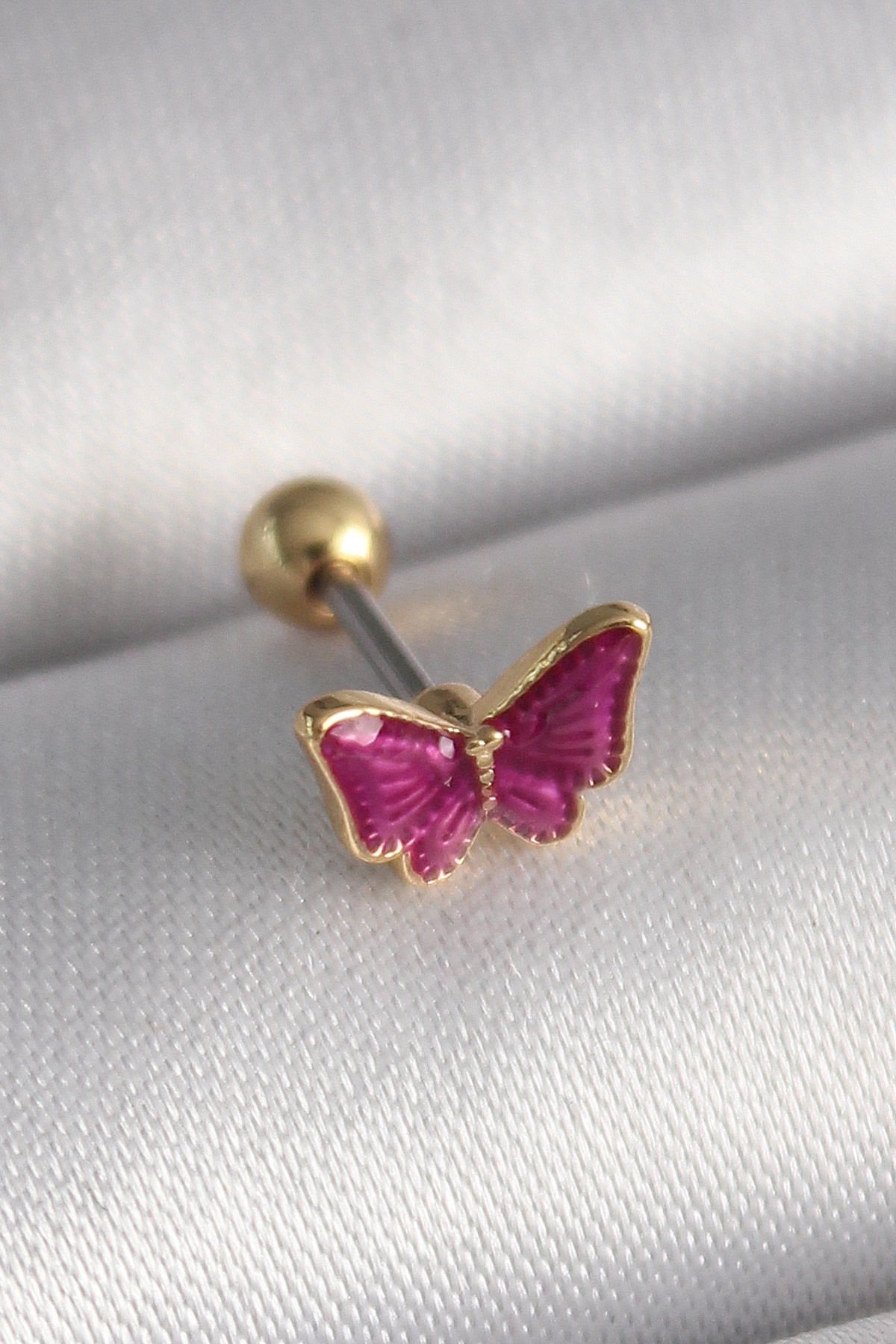 Gümüş Pembe Kelebek  Tragus Piercing - 316L Çelik