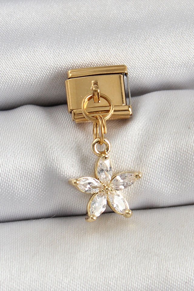 316L Çelik Sallantılı Zirkon Taşlı Çiçek Model Gold Renk Nomination Charm