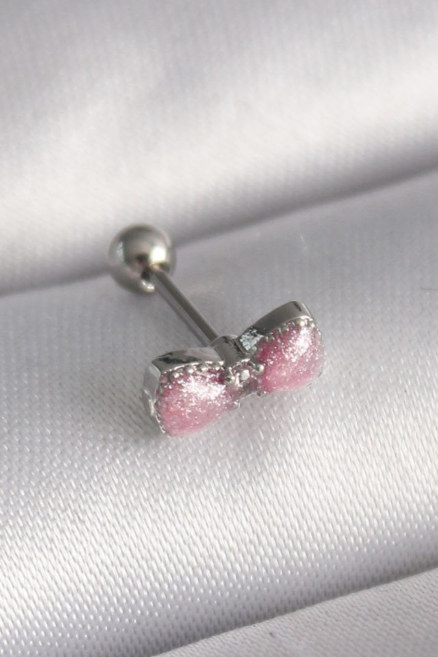 Gümüş Pembe Kurdele Zirkon Tragus Piercing - 316L Çelik
