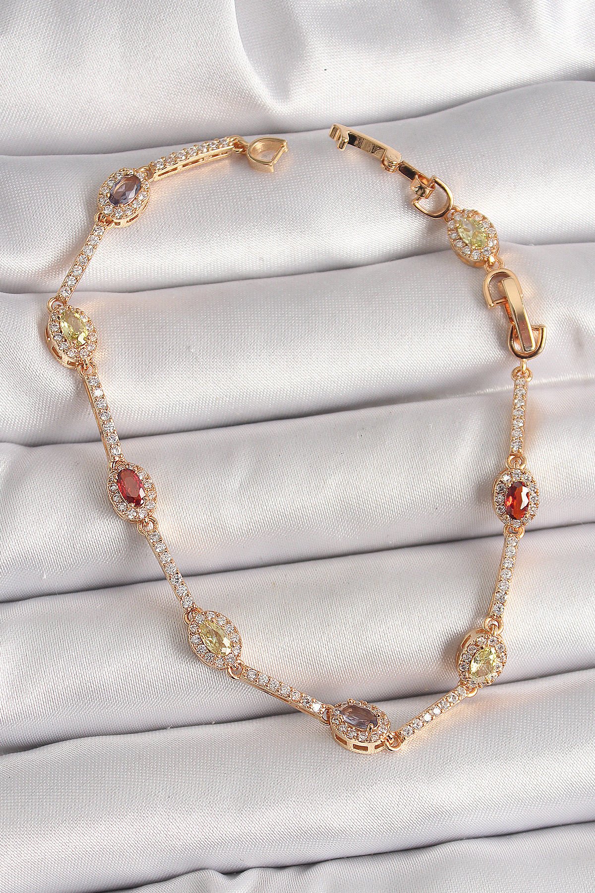 Pirinç Gold Renk Renkli Damla Zirkon Taşlı Kadın Bileklik