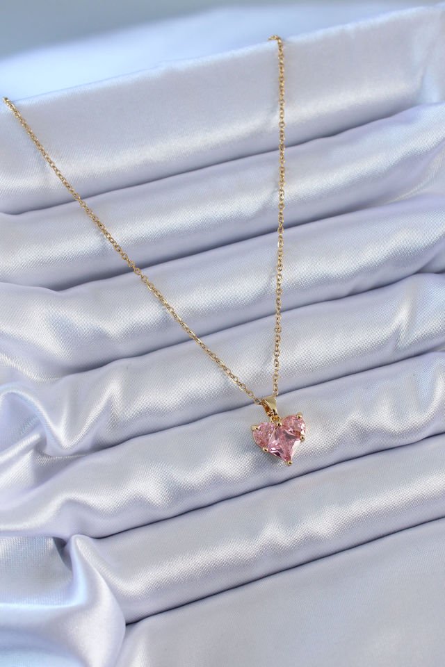 316L Çelik Gold Renk Kristal Kalp Model Kadın Kolye